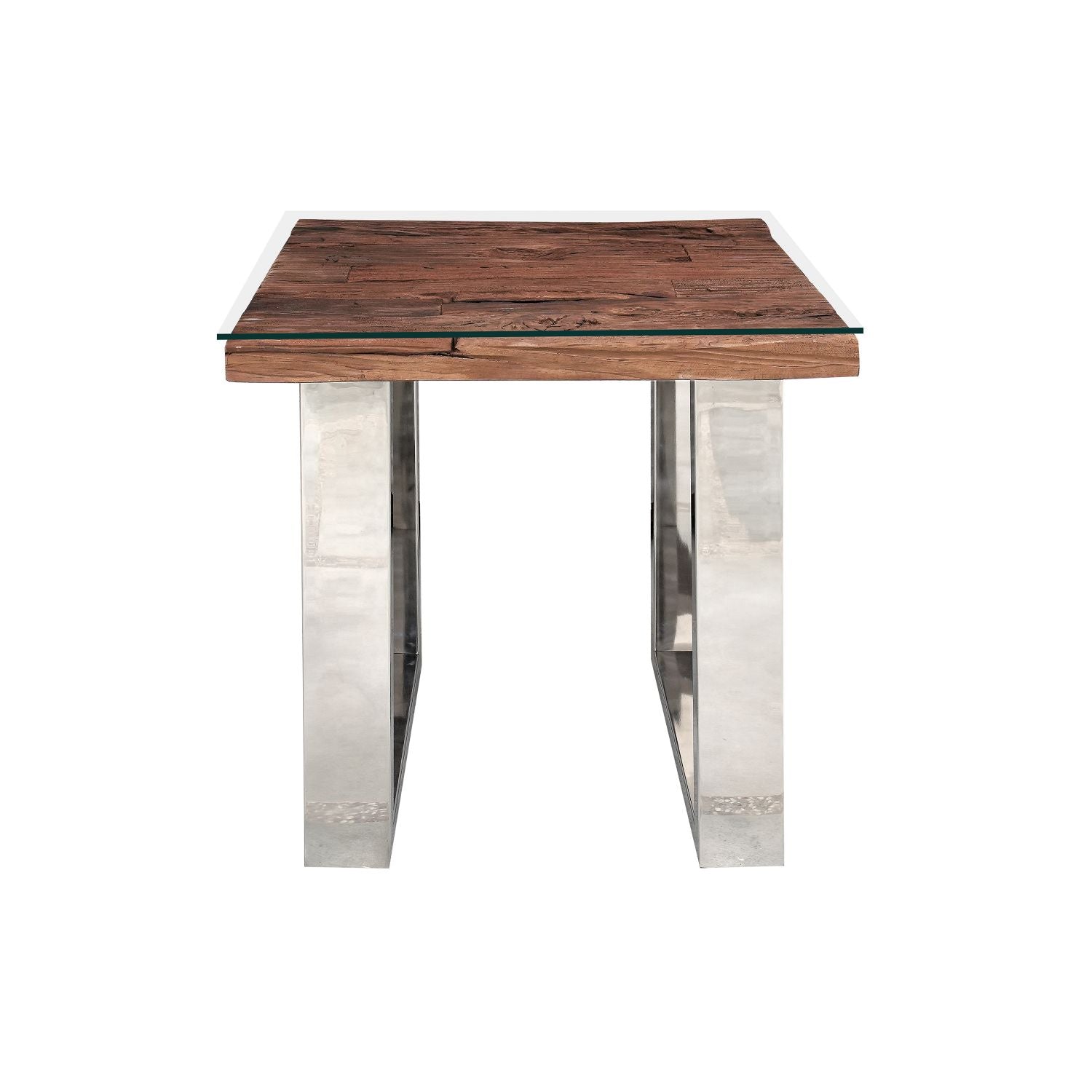 Industrial Reclaimed Sleeper Wood Square Lamp Table with Polished Steel Legs - Home Furniture Interiors