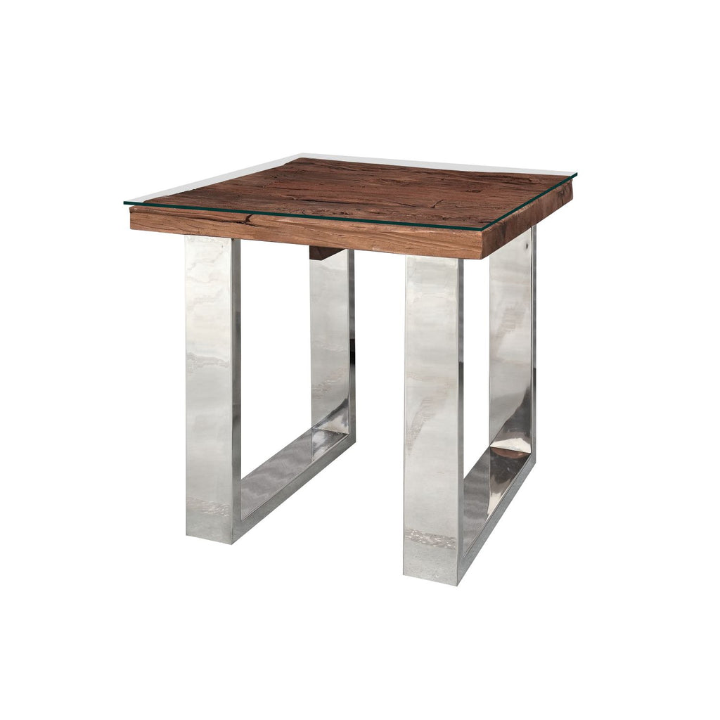 Industrial Reclaimed Sleeper Wood Square Lamp Table with Polished Steel Legs - Home Furniture Interiors