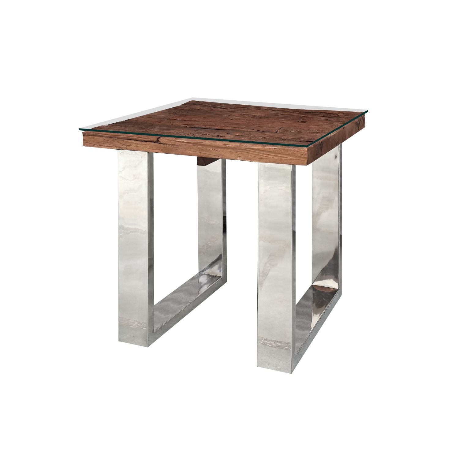 Industrial Reclaimed Sleeper Wood Square Lamp Table with Polished Steel Legs - Home Furniture Interiors