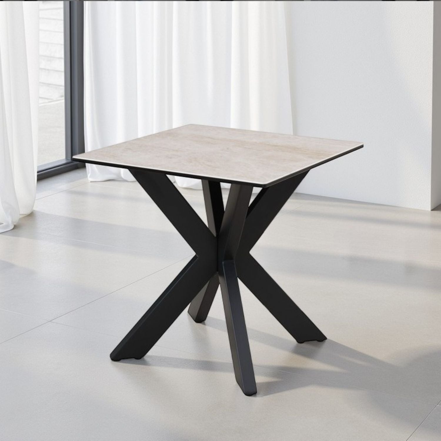 Modern Beige Ceramic and Glass Side Table with Black Metal Star Base