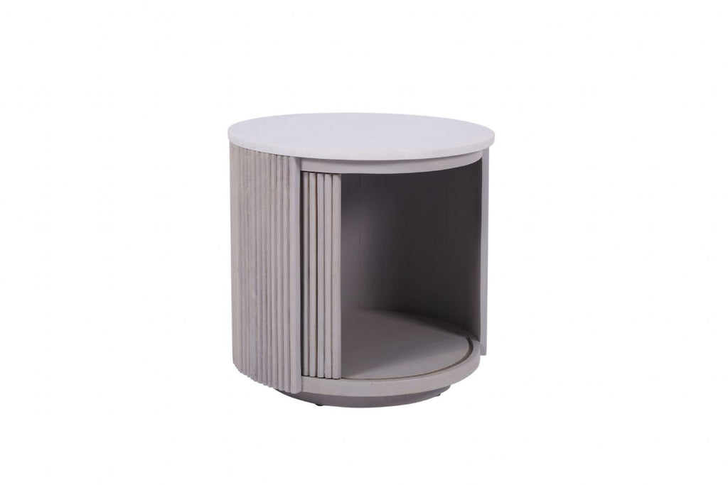 Modern White Marble and Mango Wood Round Side Table with Fluted Detailing - Home Furniture Interiors