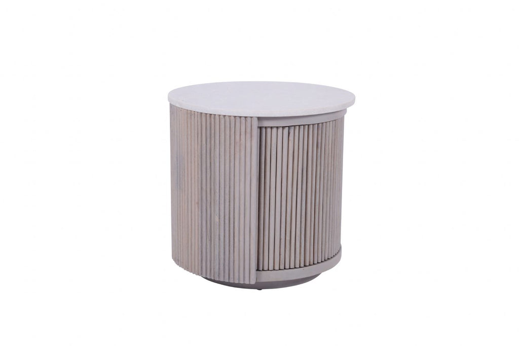 Modern White Marble and Mango Wood Round Side Table with Fluted Detailing - Home Furniture Interiors