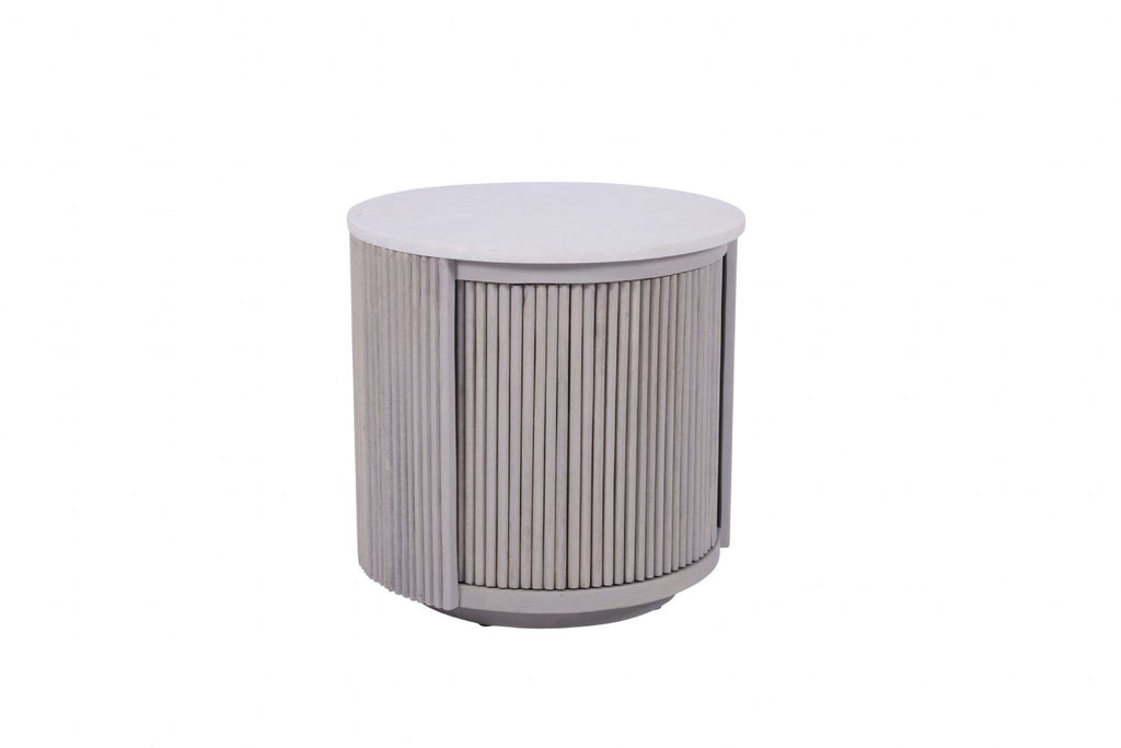 Modern White Marble and Mango Wood Round Side Table with Fluted Detailing - Home Furniture Interiors