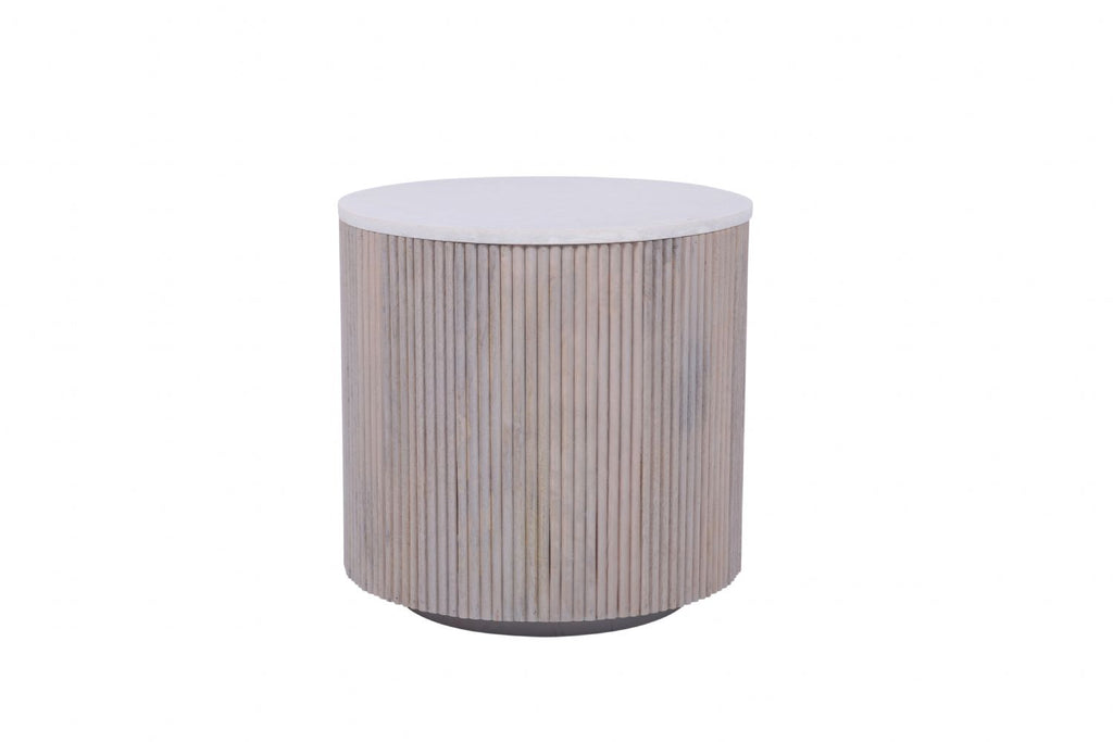 Modern White Marble and Mango Wood Round Side Table with Fluted Detailing - Home Furniture Interiors