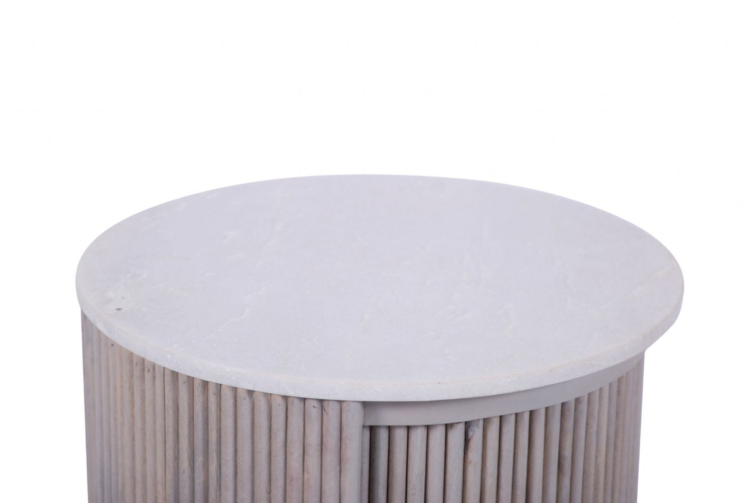 Modern White Marble and Mango Wood Round Side Table with Fluted Detailing - Home Furniture Interiors
