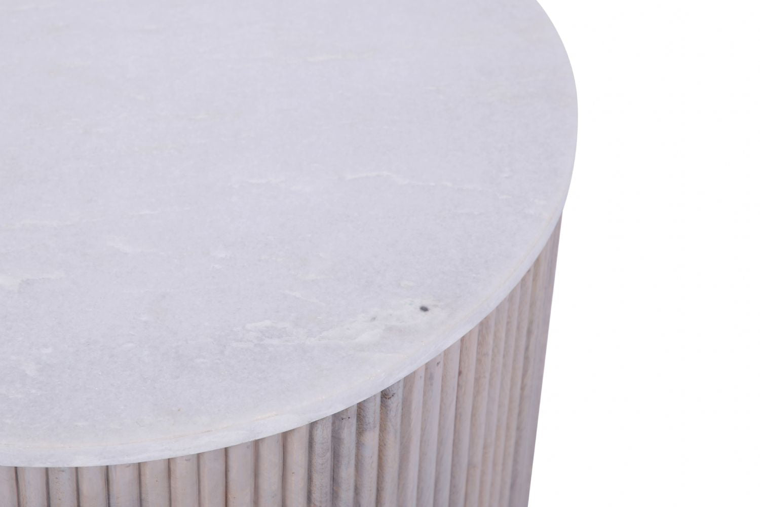 Modern White Marble and Mango Wood Round Side Table with Fluted Detailing - Home Furniture Interiors