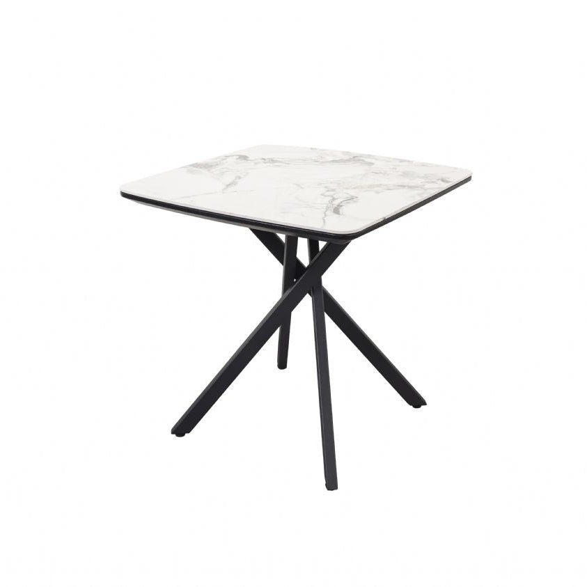 Modern White Marble Effect Ceramic Side Table with Black Metal Angled Legs