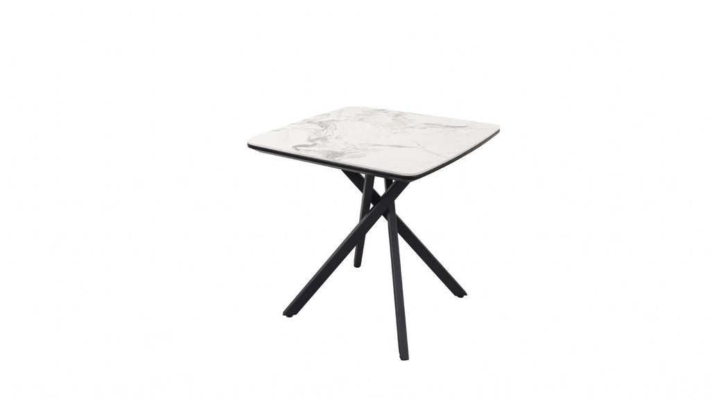 Modern White Marble Effect Ceramic Side Table with Black Metal Angled Legs - Home Furniture Interiors