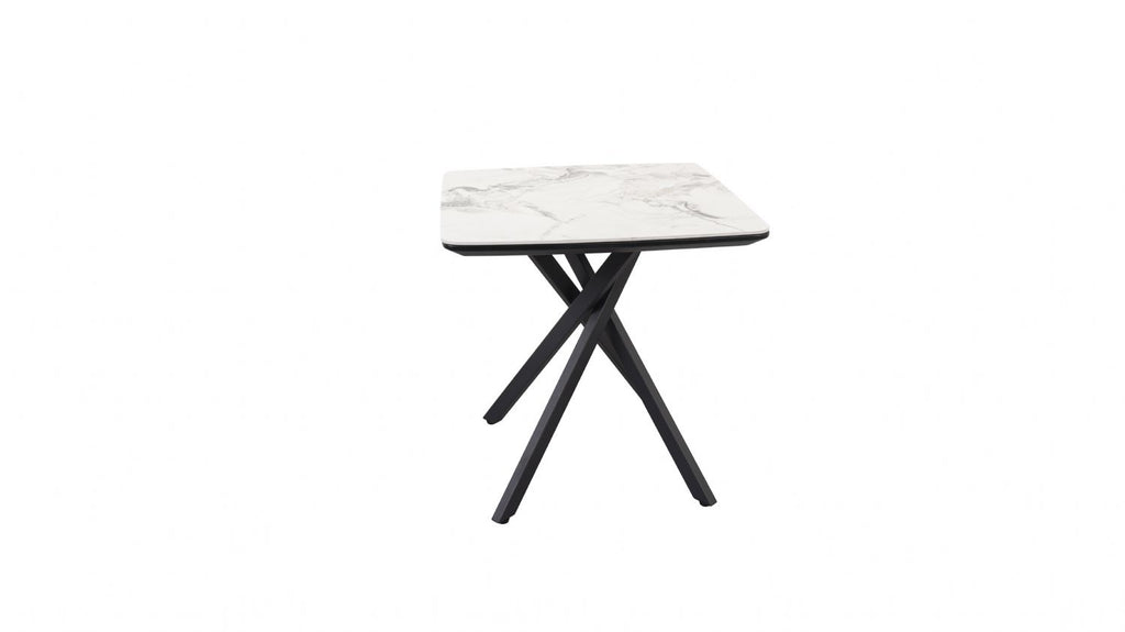 Modern White Marble Effect Ceramic Side Table with Black Metal Angled Legs - Home Furniture Interiors
