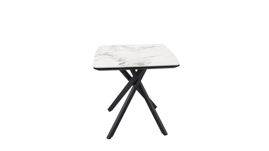 Modern White Marble Effect Ceramic Side Table with Black Metal Angled Legs - Home Furniture Interiors
