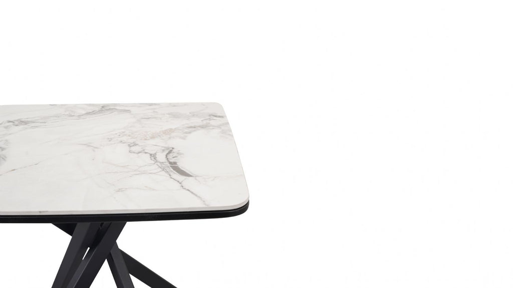 Modern White Marble Effect Ceramic Side Table with Black Metal Angled Legs - Home Furniture Interiors
