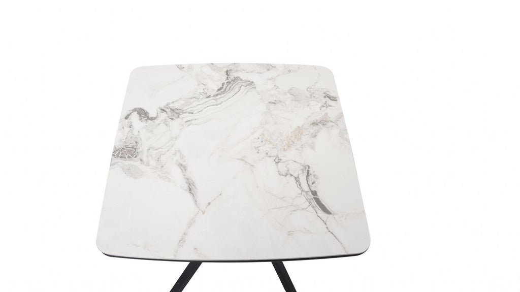 Modern White Marble Effect Ceramic Side Table with Black Metal Angled Legs - Home Furniture Interiors