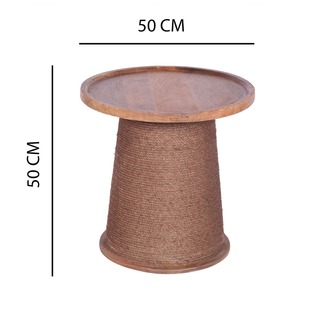 Natural Mango Wood Round Side Table with Hand Wrapped Rope Base - Home Furniture Interiors