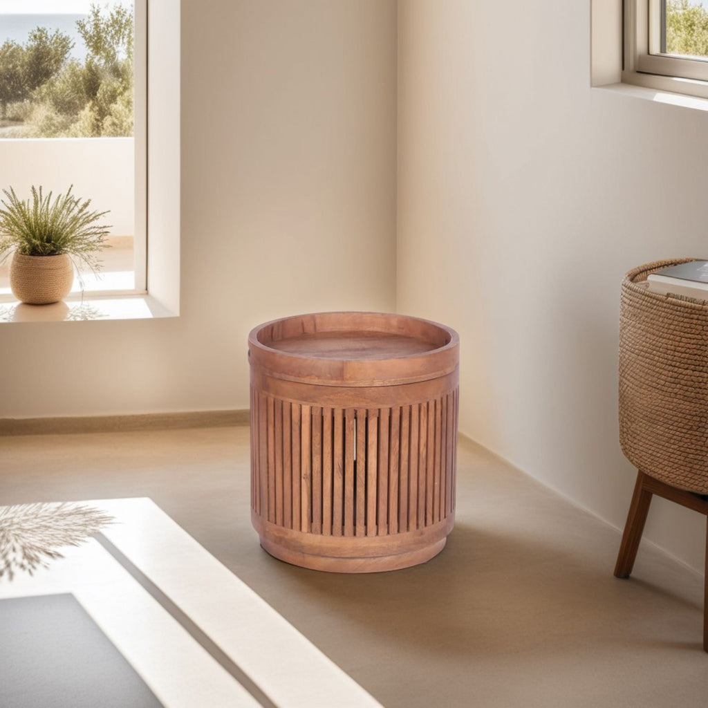 Natural Mango Wood Round Side Table with Removable Tray Top