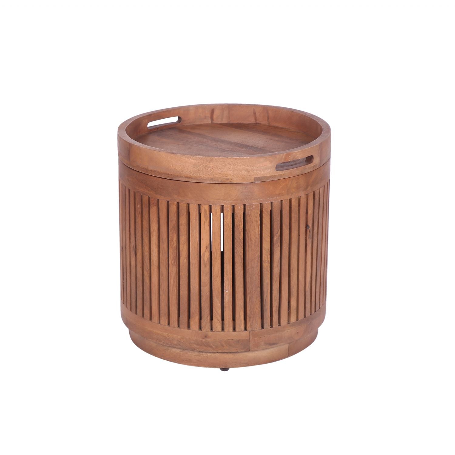 Natural Mango Wood Round Side Table with Removable Tray Top - Home Furniture Interiors