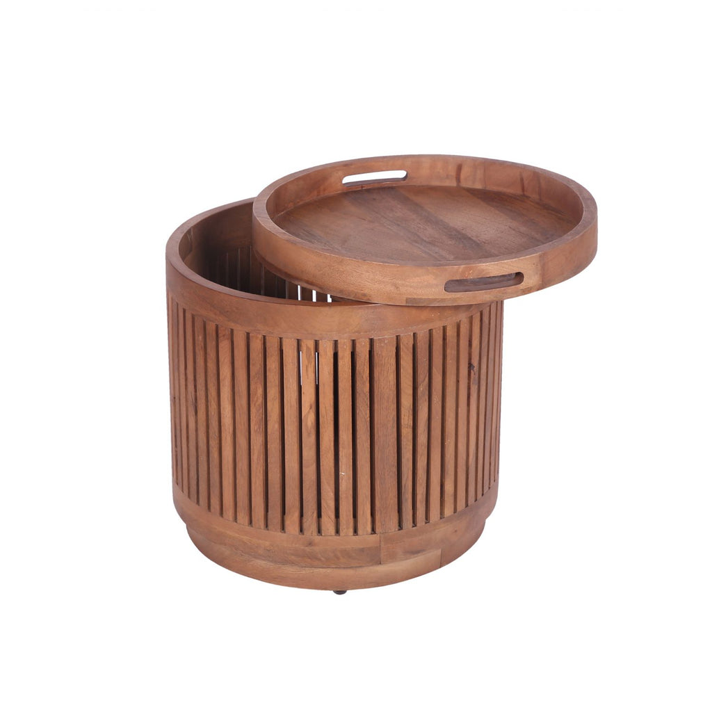 Natural Mango Wood Round Side Table with Removable Tray Top - Home Furniture Interiors
