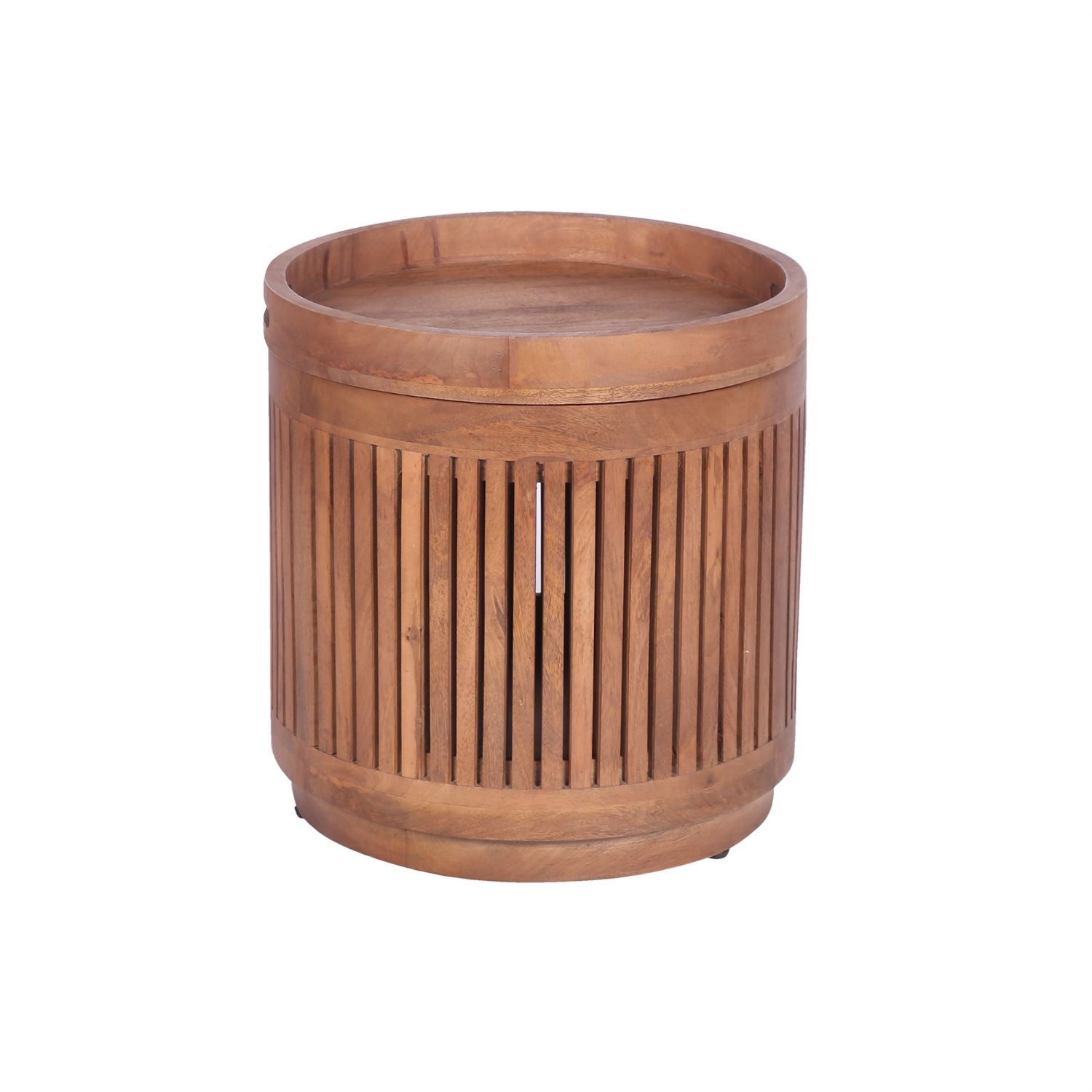 Natural Mango Wood Round Side Table with Removable Tray Top - Home Furniture Interiors