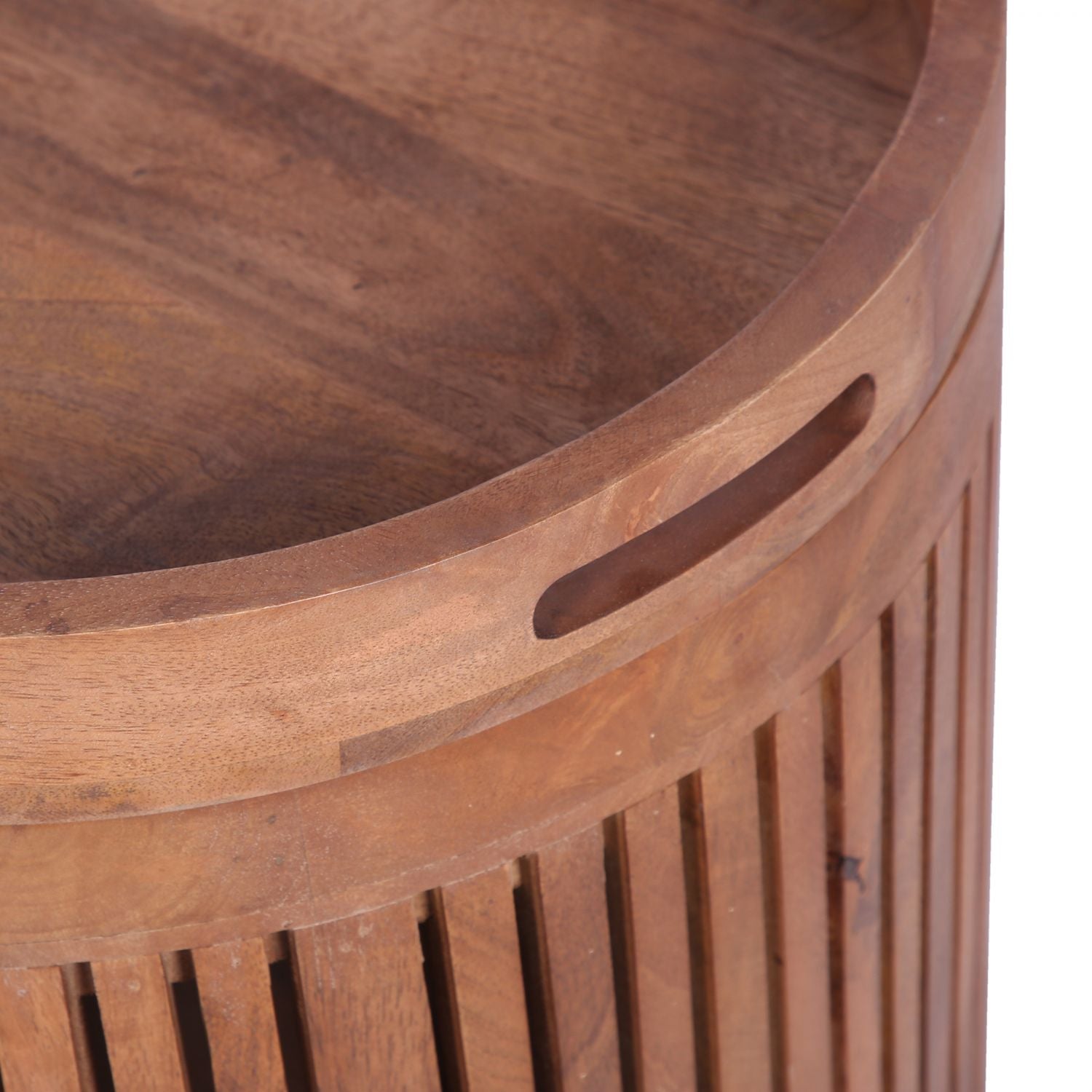 Natural Mango Wood Round Side Table with Removable Tray Top - Home Furniture Interiors