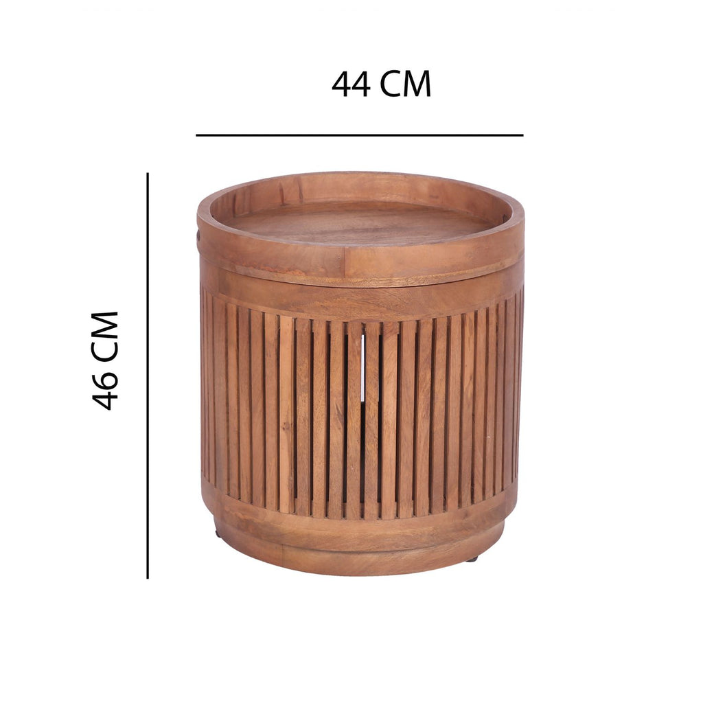 Natural Mango Wood Round Side Table with Removable Tray Top - Home Furniture Interiors