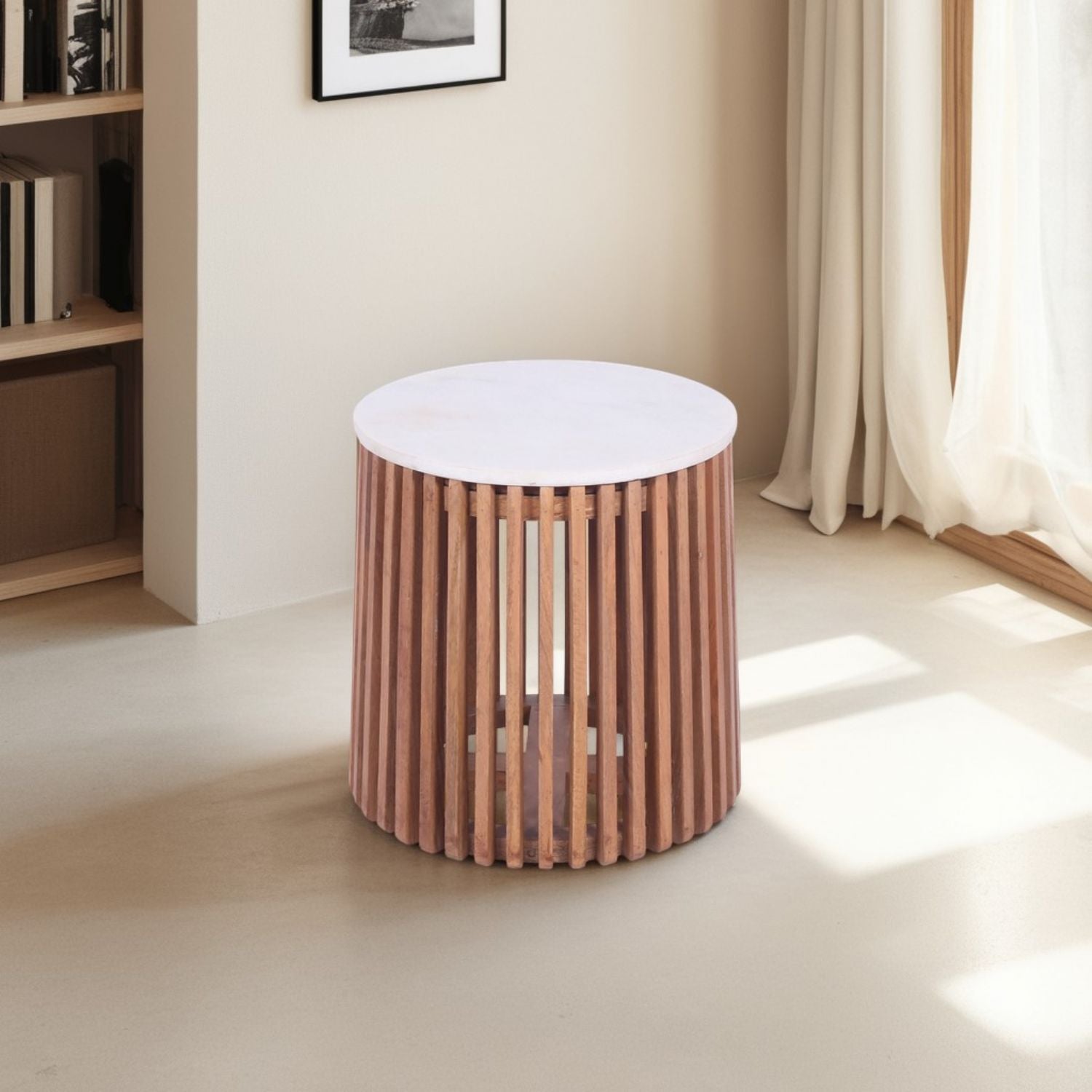 Natural Mango Wood Slatted Side Table with White Marble Round Top