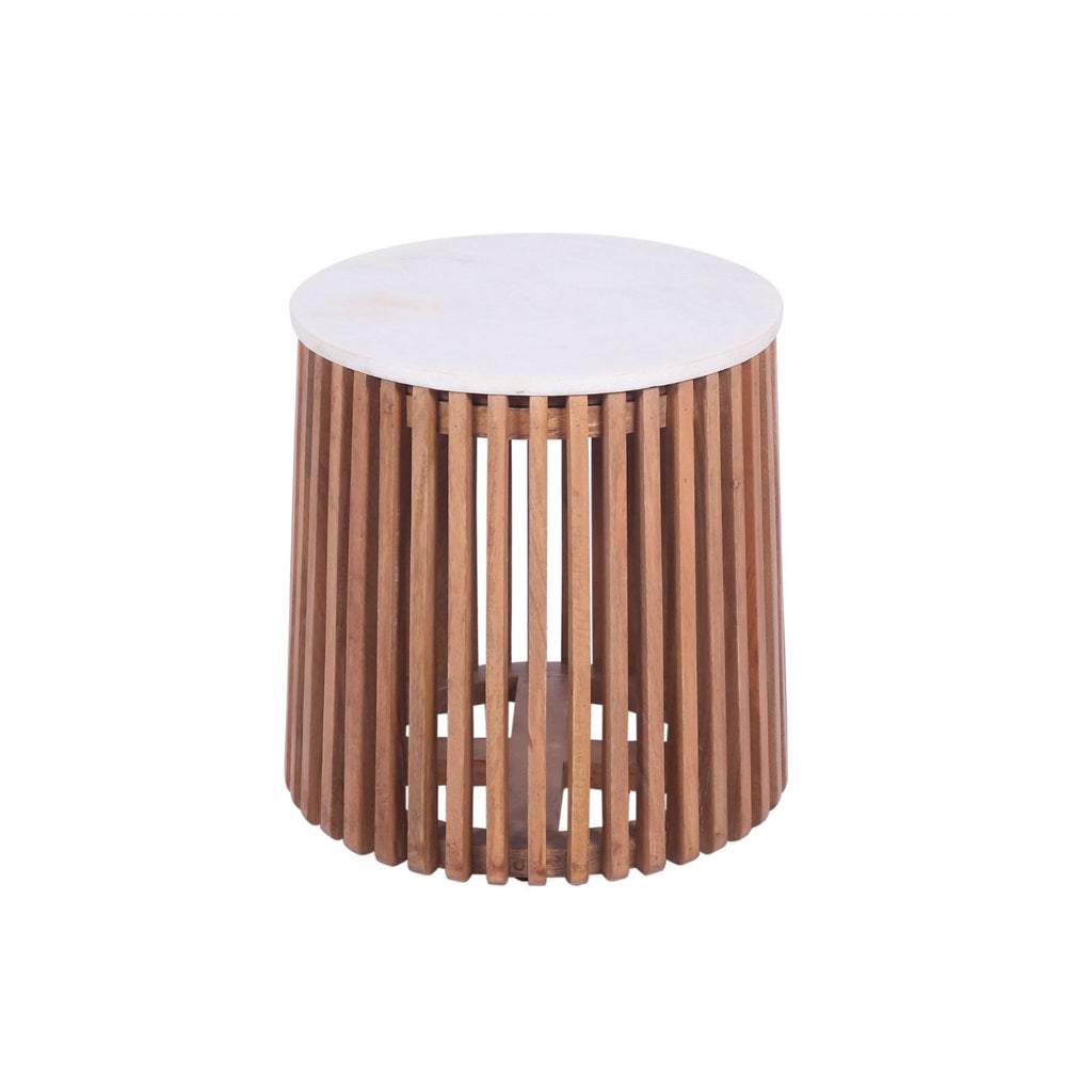 Natural Mango Wood Slatted Side Table with White Marble Round Top - Home Furniture Interiors