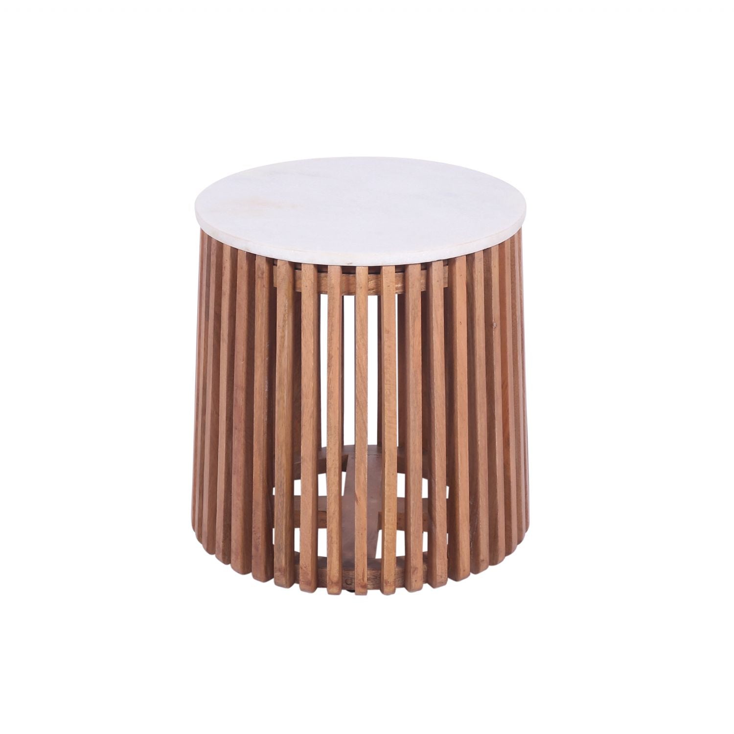 Natural Mango Wood Slatted Side Table with White Marble Round Top - Home Furniture Interiors
