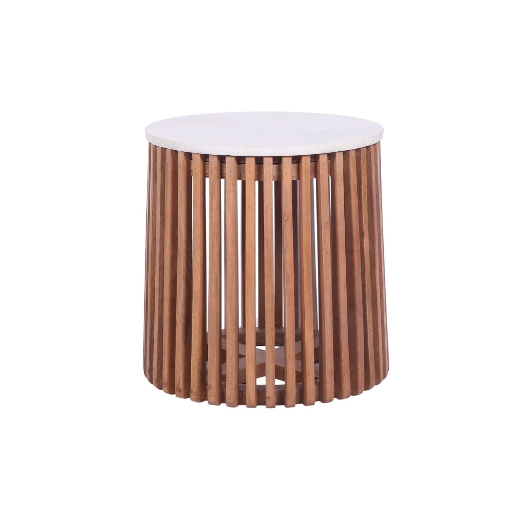 Natural Mango Wood Slatted Side Table with White Marble Round Top - Home Furniture Interiors
