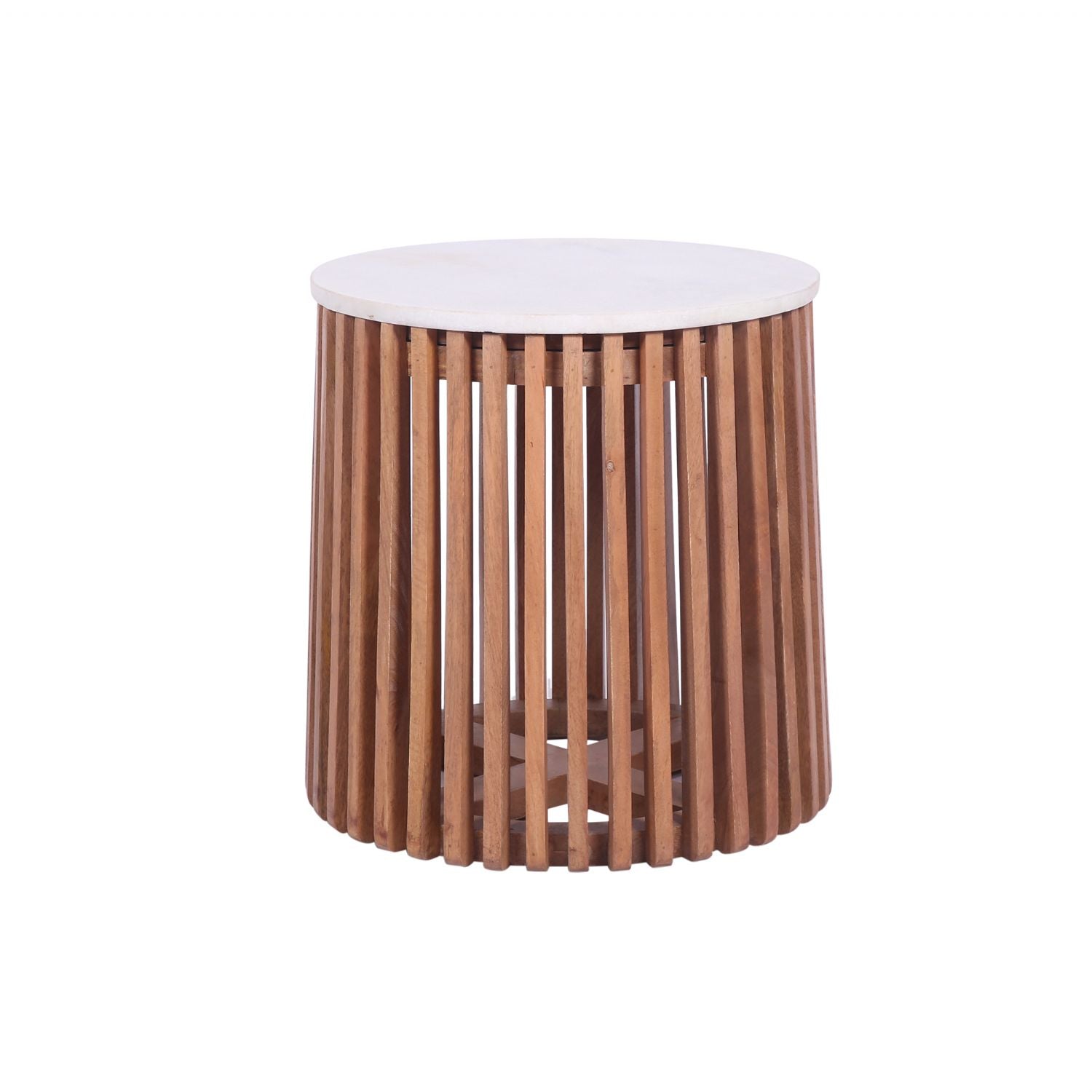Natural Mango Wood Slatted Side Table with White Marble Round Top - Home Furniture Interiors