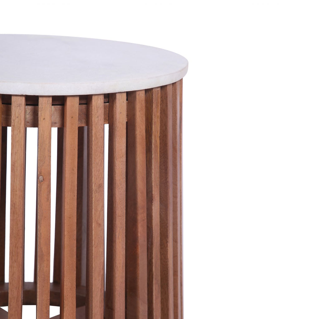 Natural Mango Wood Slatted Side Table with White Marble Round Top - Home Furniture Interiors