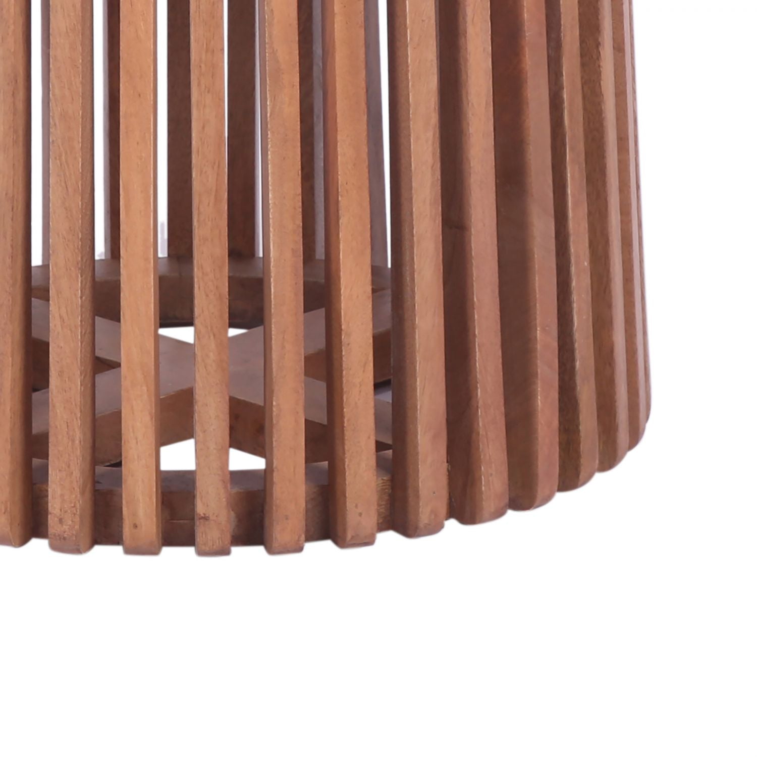 Natural Mango Wood Slatted Side Table with White Marble Round Top - Home Furniture Interiors