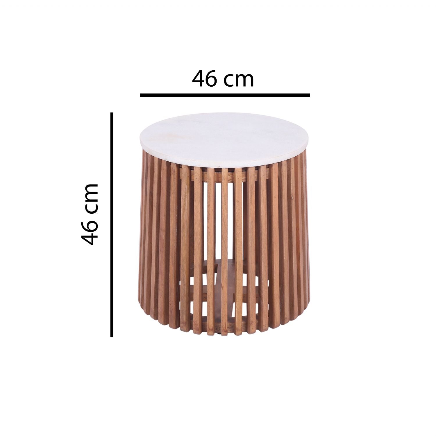 Natural Mango Wood Slatted Side Table with White Marble Round Top - Home Furniture Interiors