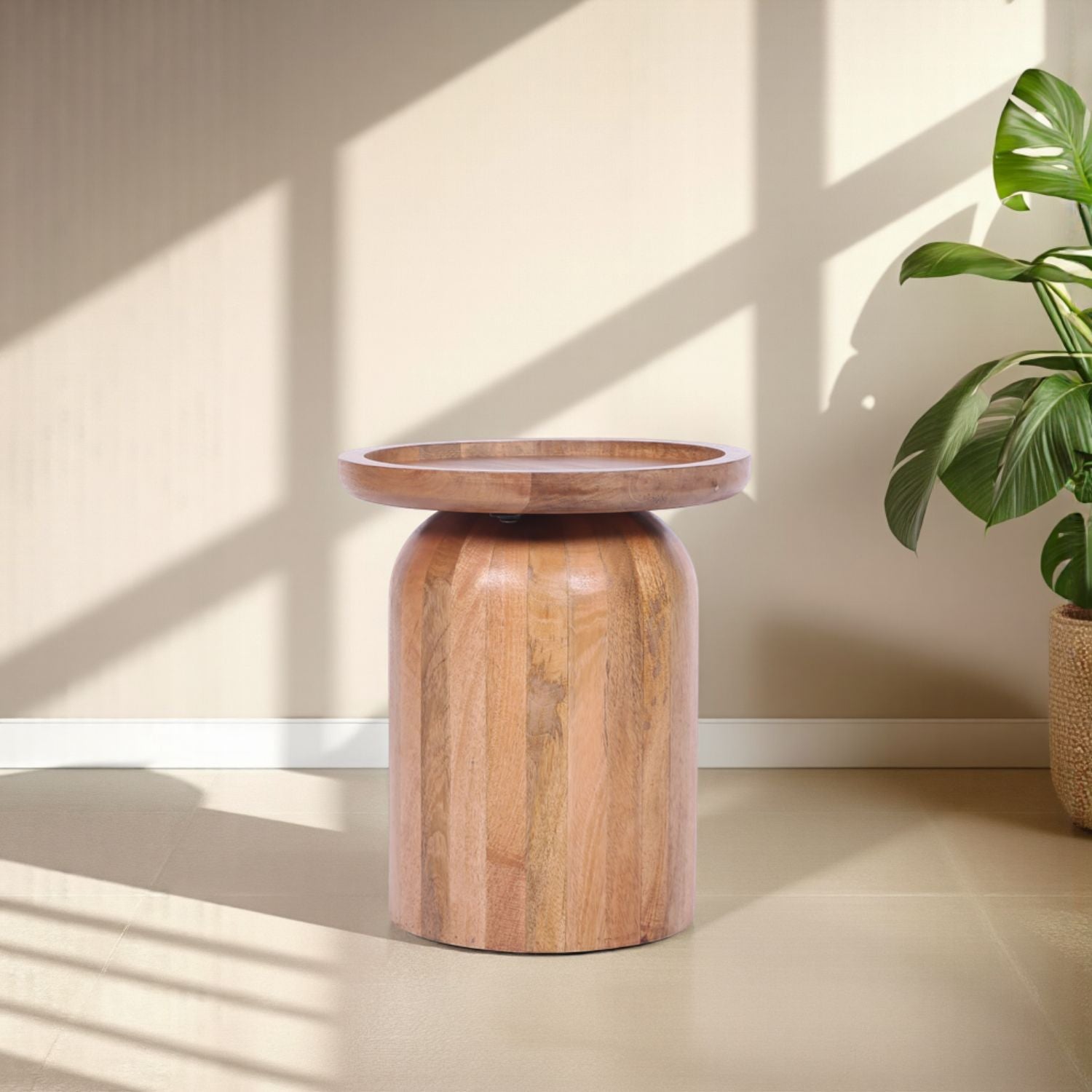 Natural Solid Mango Wood Round Side Table with Raised Rim Top