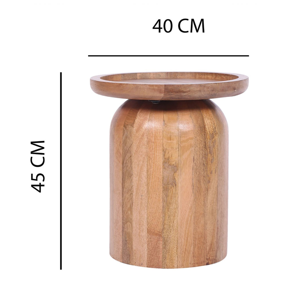 Natural Solid Mango Wood Round Side Table with Raised Rim Top - Home Furniture Interiors