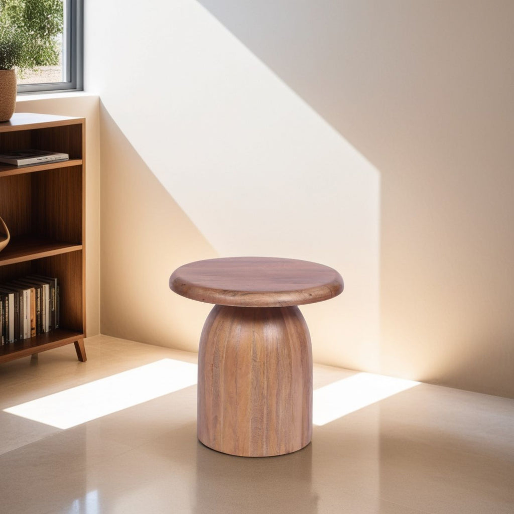 Natural Solid Mango Wood Sculpted Round Side Table