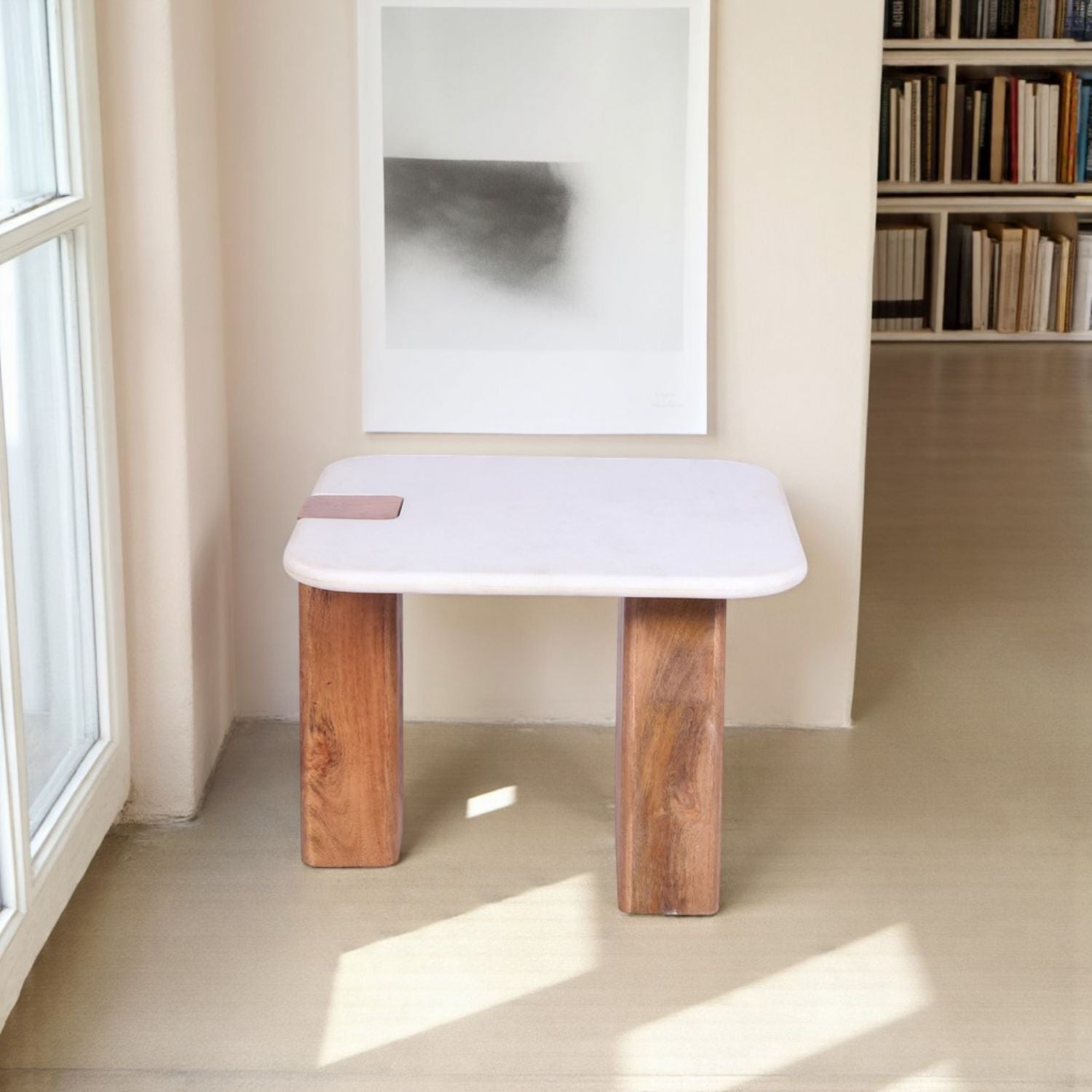 White Marble and Mango Wood Square Side Table with Sculpted Base