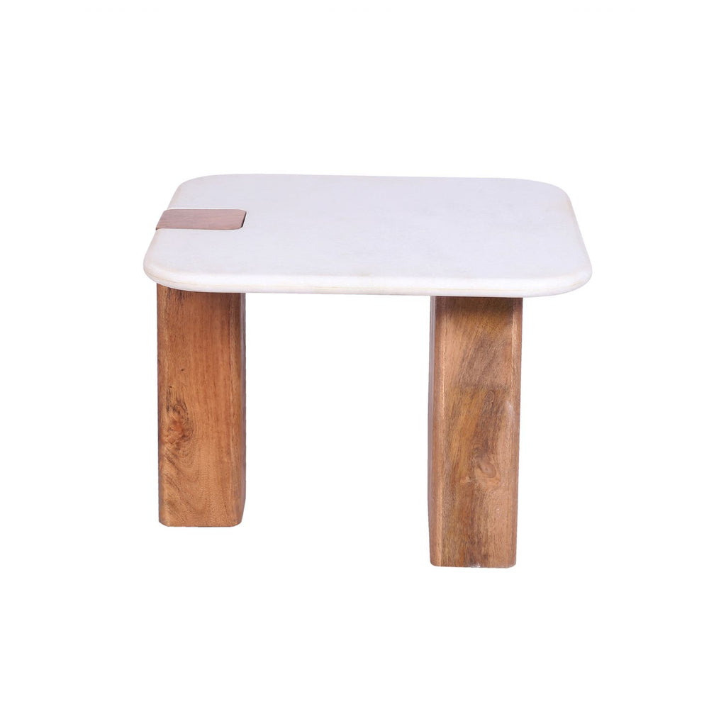 White Marble and Mango Wood Square Side Table with Sculpted Base - Home Furniture Interiors