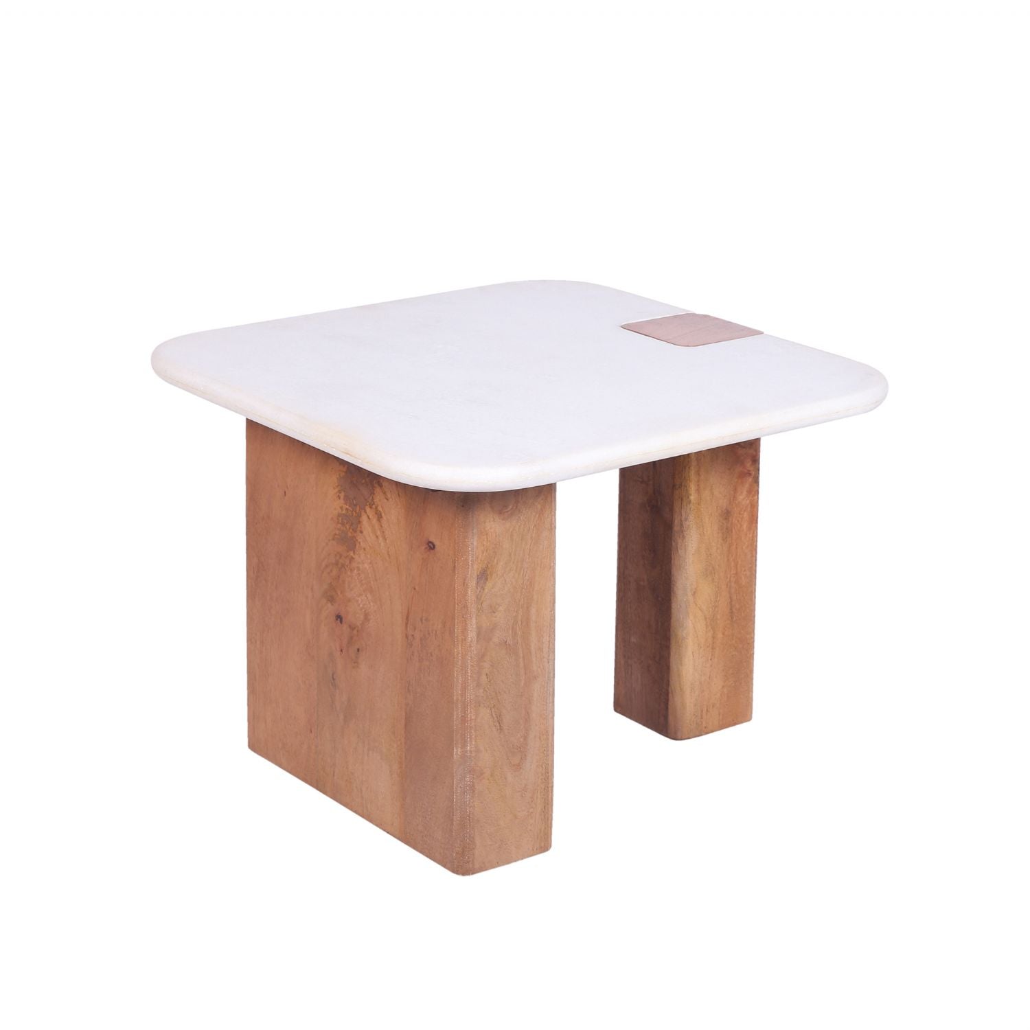 White Marble and Mango Wood Square Side Table with Sculpted Base - Home Furniture Interiors