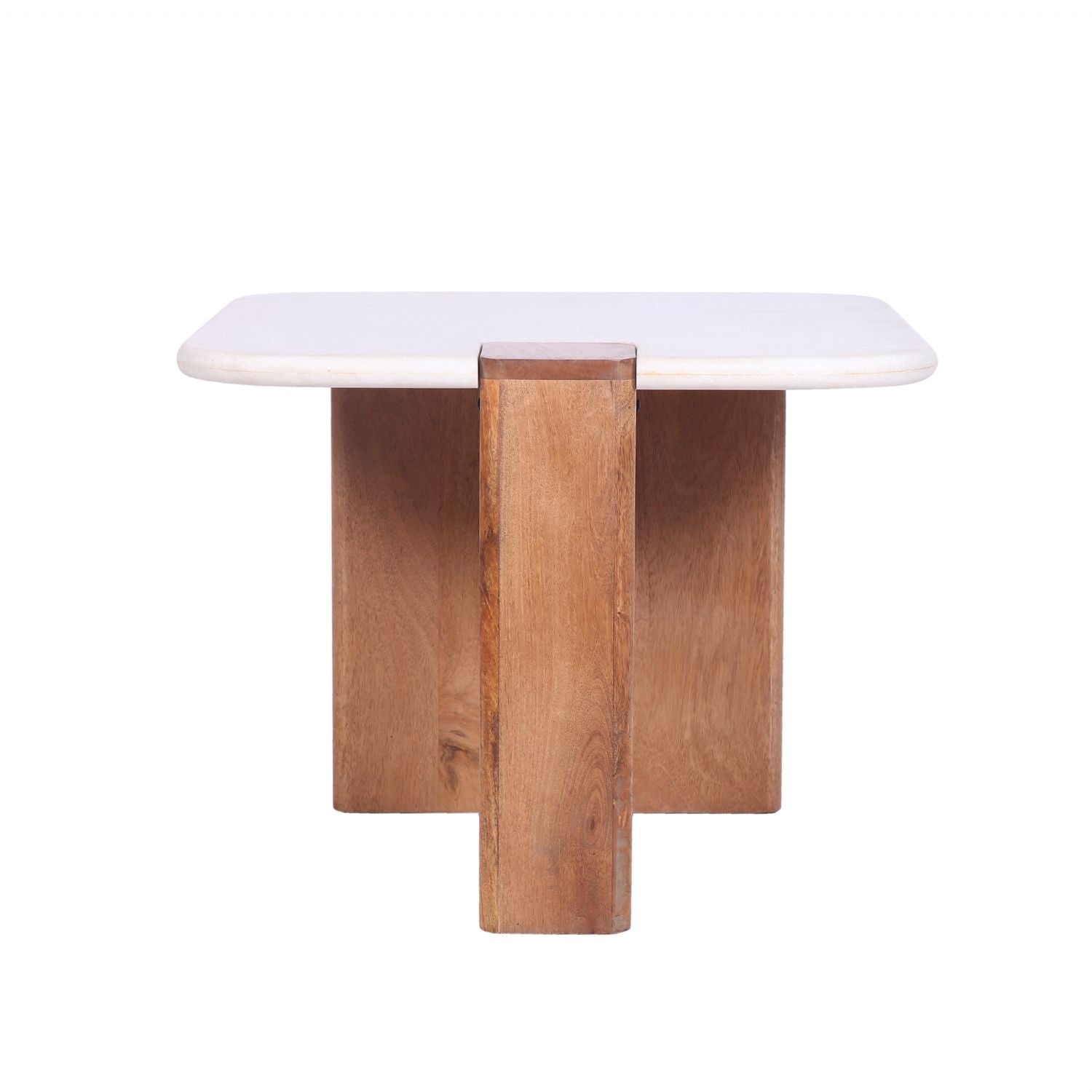 White Marble and Mango Wood Square Side Table with Sculpted Base - Home Furniture Interiors