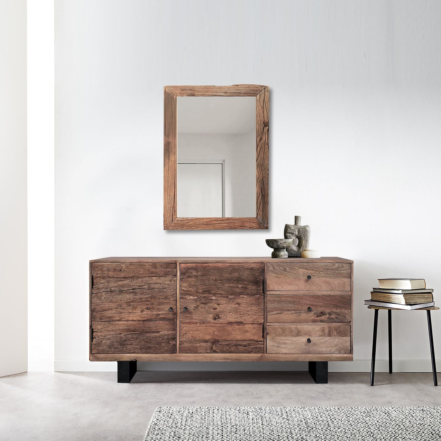 Industrial Reclaimed Wood 2 Door 3 Drawer Sideboard with Black Metal Legs