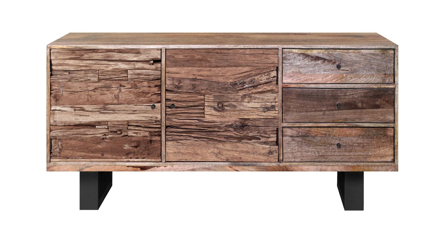 Industrial Reclaimed Wood 2 Door 3 Drawer Sideboard with Black Metal Legs - Home Furniture Interiors