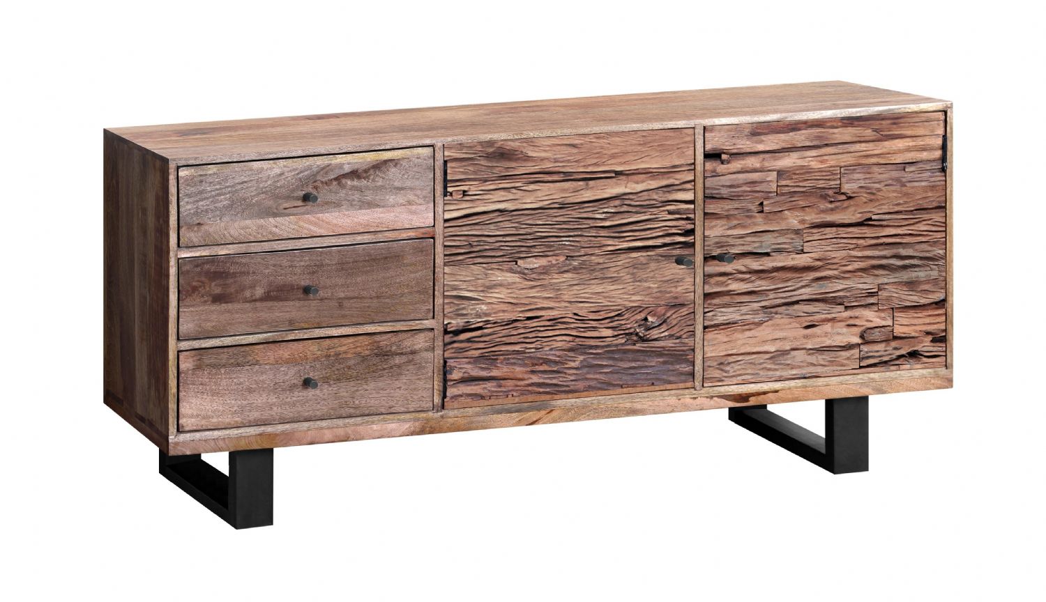 Industrial Reclaimed Wood 2 Door 3 Drawer Sideboard with Black Metal Legs - Home Furniture Interiors