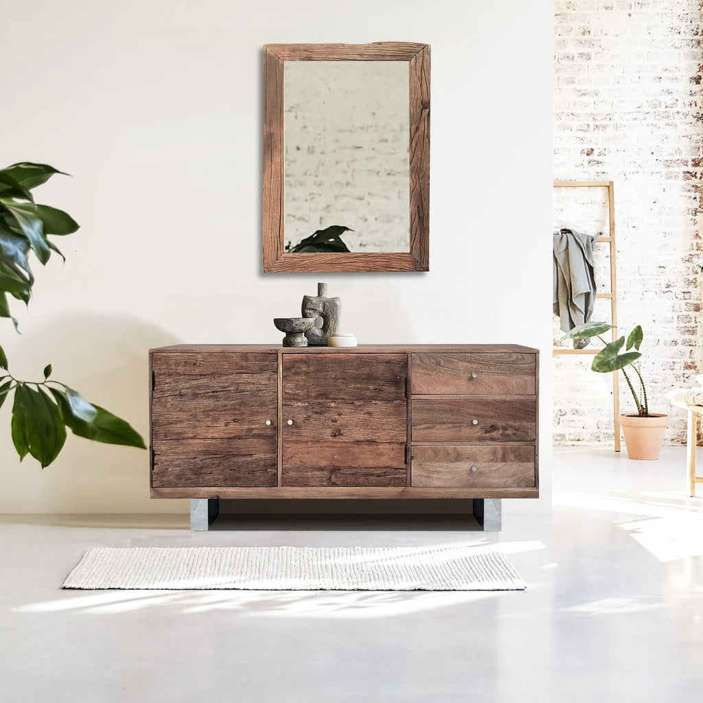Industrial Reclaimed Wood 2 Door 3 Drawer Sideboard with Stainless Steel Legs