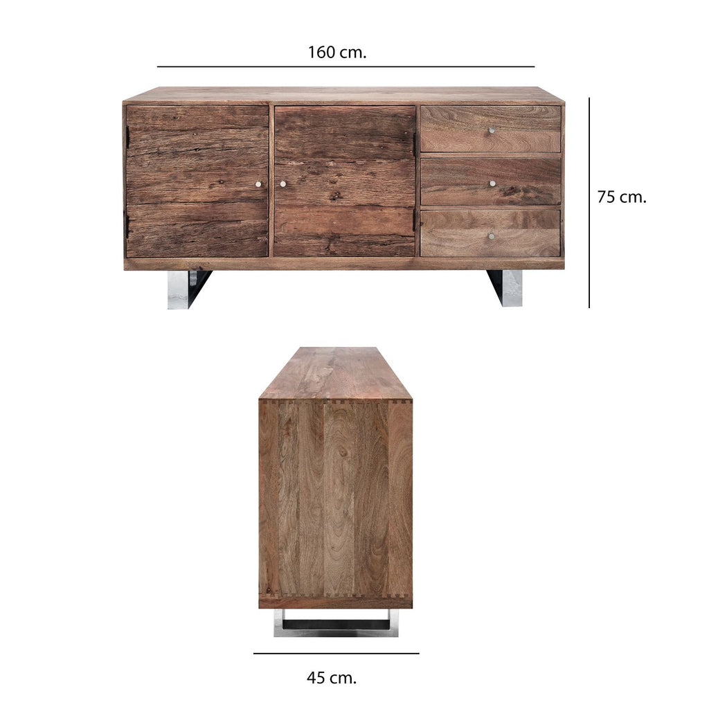 Industrial Reclaimed Wood 2 Door 3 Drawer Sideboard with Stainless Steel Legs - Home Furniture Interiors