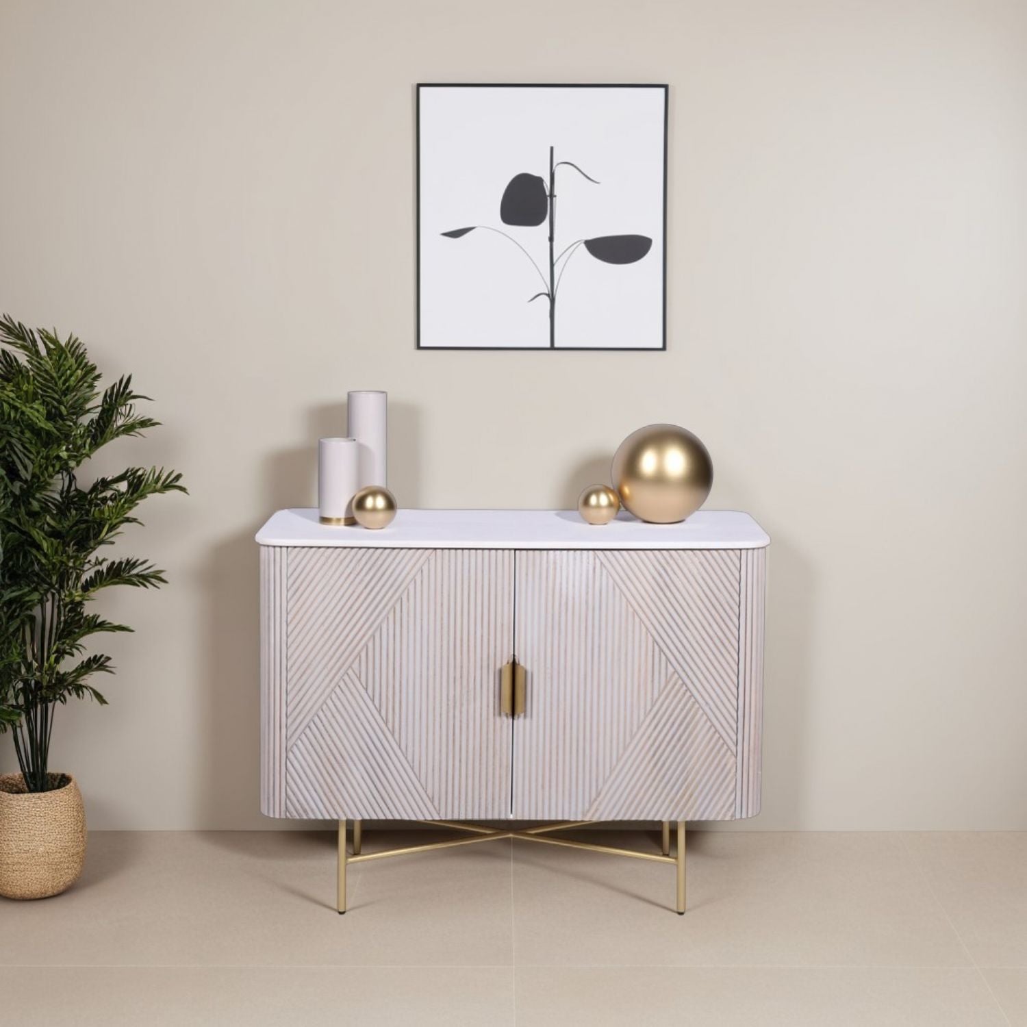 Luxury Marble Top Mango Wood Rectangular 2 Door Sideboard with Gold Iron Frame