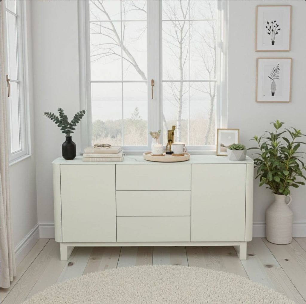 Modern Cream Ceramic Topped 3 Drawer Sideboard with Shelves