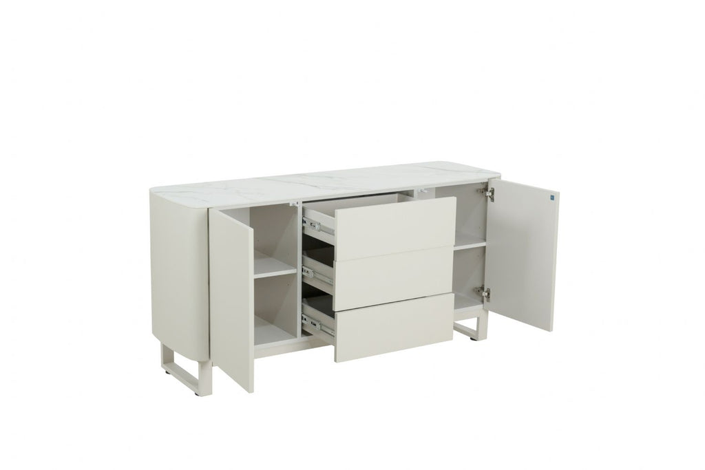 Modern Cream Ceramic Topped 3 Drawer Sideboard with Shelves - Home Furniture Interiors