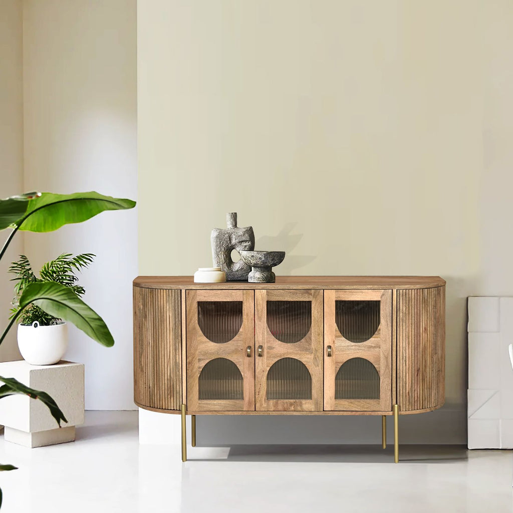 Modern Mango Wood and Ribbed Glass 3 Door Sideboard with Gold Legs