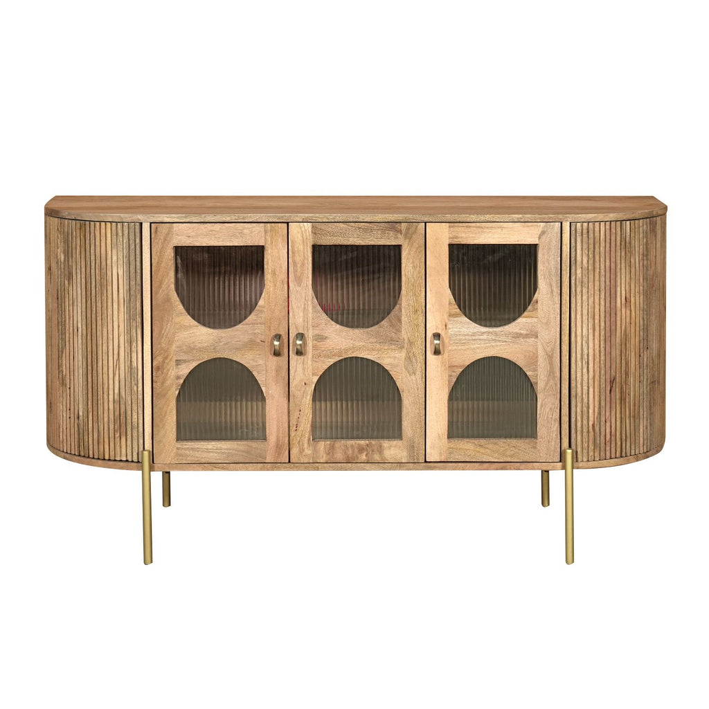 Modern Mango Wood and Ribbed Glass 3 Door Sideboard with Gold Legs - Home Furniture Interiors