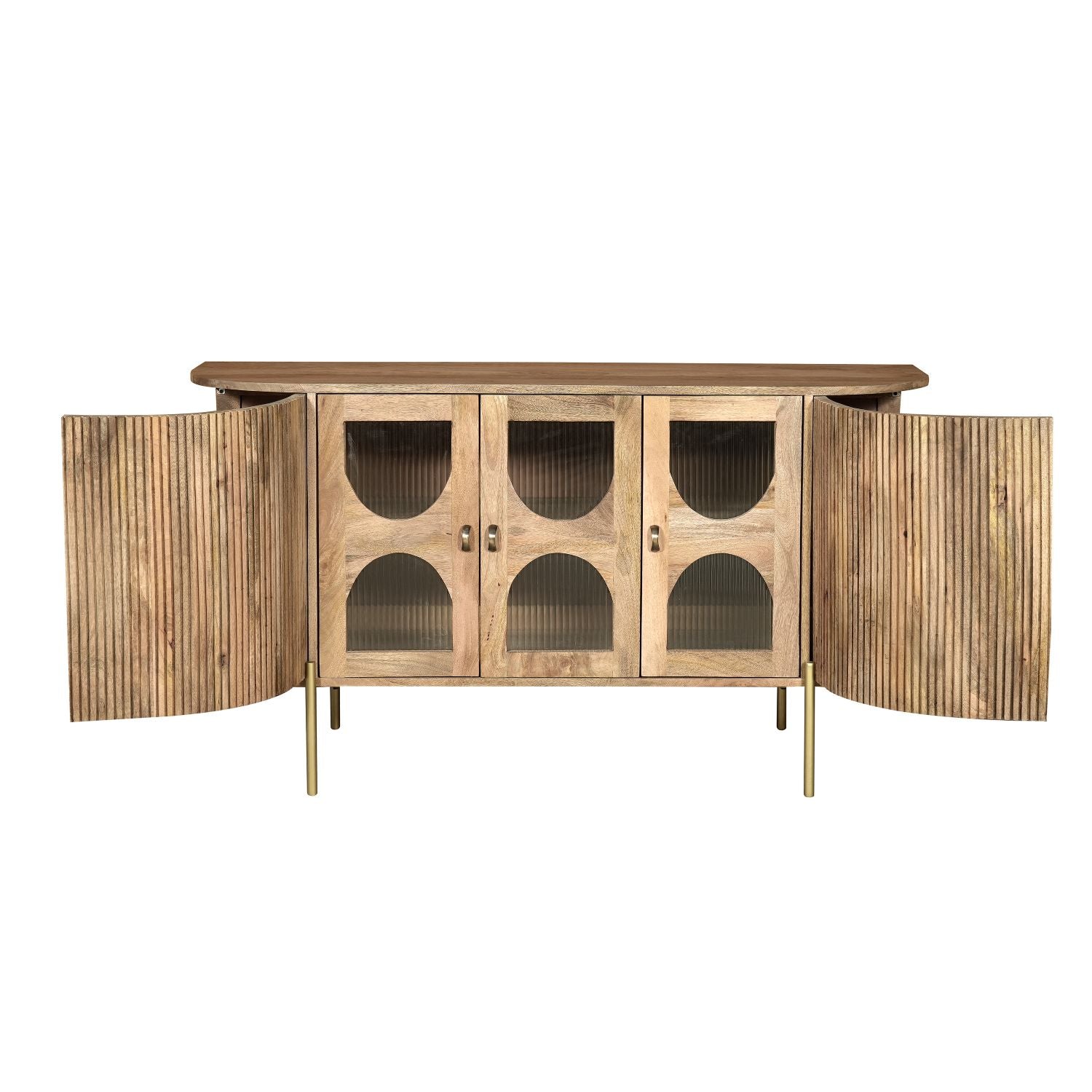 Modern Mango Wood and Ribbed Glass 3 Door Sideboard with Gold Legs - Home Furniture Interiors
