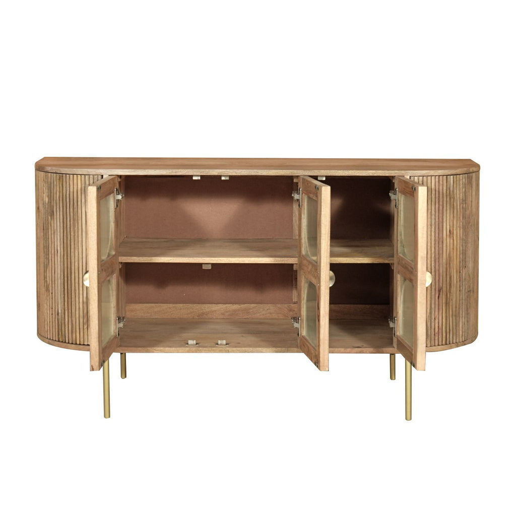 Modern Mango Wood and Ribbed Glass 3 Door Sideboard with Gold Legs - Home Furniture Interiors